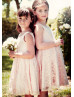 Pink Lace Knee Length V Back Flower Girl Dress